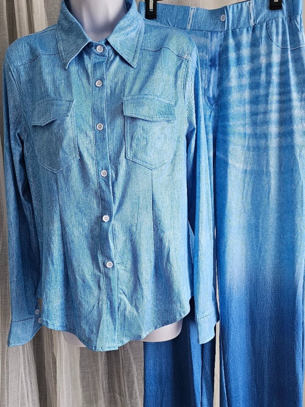 Women’s Denim Print Pajama Set, Soft and Stretchy Pajamas Lounge Wear with Rel - Picture 1 of 3
